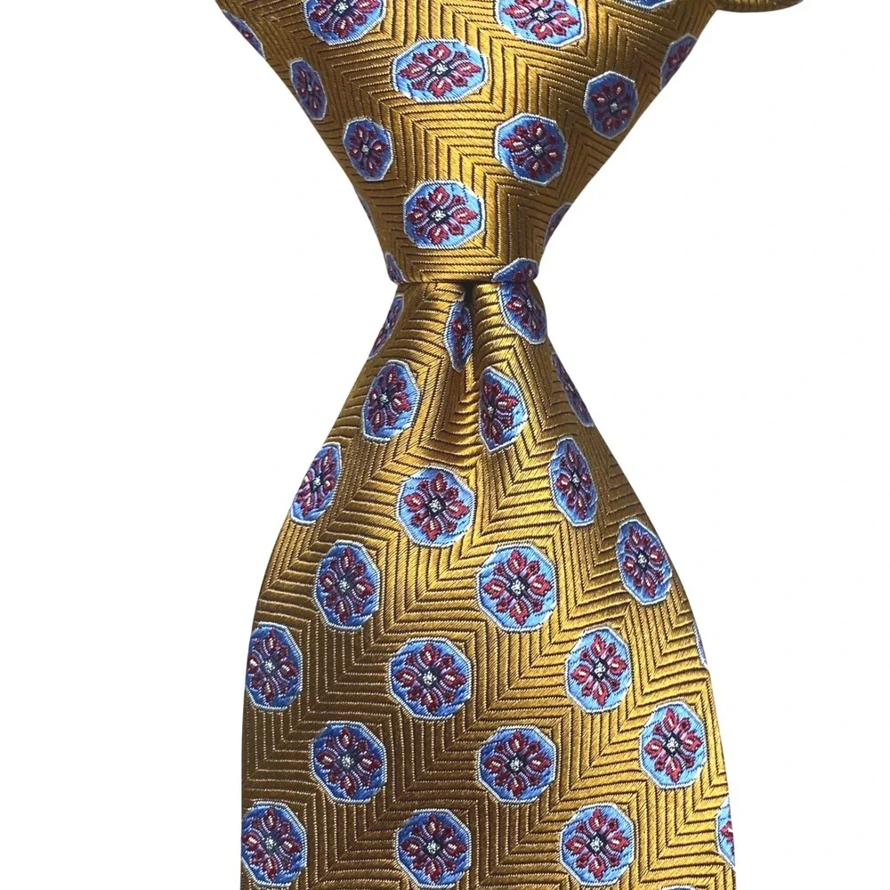 Euro Knot by Berton Como Mens Silk Tie Gold Blue Red Geometric Medallion 3.25x59